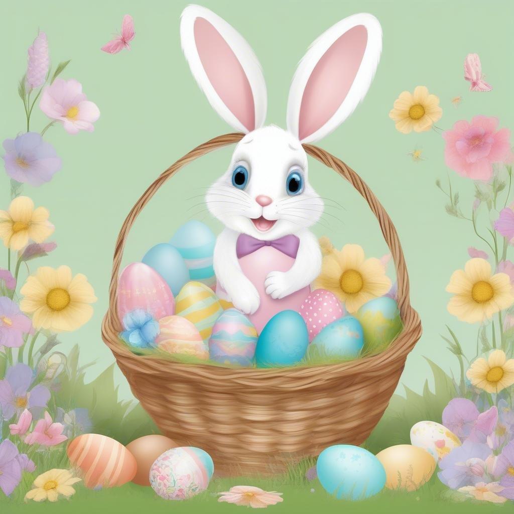 A whimsical scene featuring the iconic bunny character surrounded by colorful Easter eggs and vibrant flowers, perfect for celebrating the spring holiday.