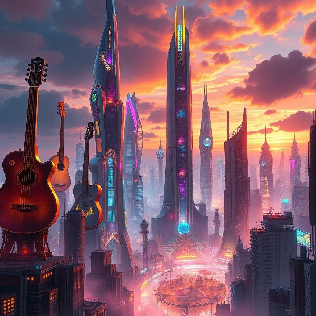 An enchanting city where music comes alive, bathed in the glow of neon lights that reflect off futuristic buildings. The skyline is a blend of towering skyscrapers and interconnected bridges, each illuminated with vibrant colors, while hovering drones add to the spectacle. A city where music is the heartbeat, where notes from instruments fill the air, where every street corner echoes with melodies, and where everyone seems to be playing an instrument or singing.