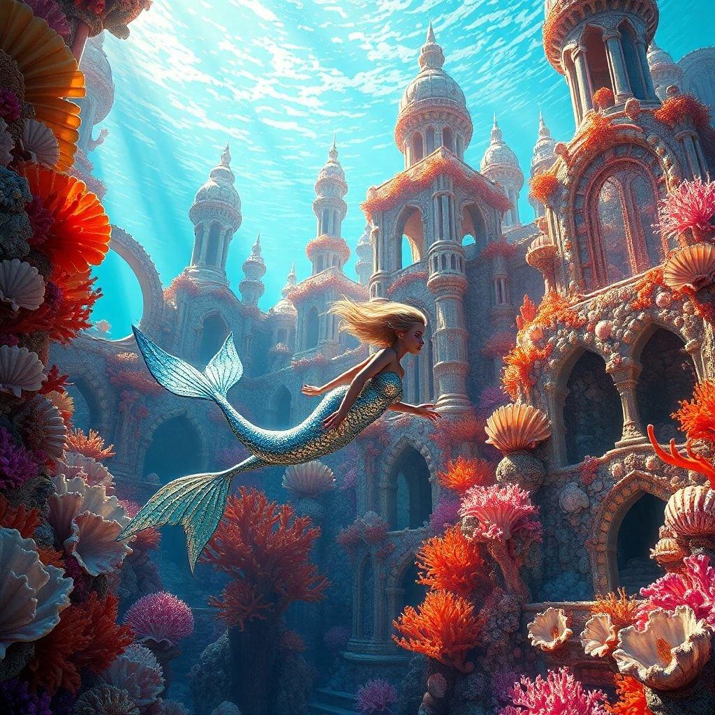 Dive into an enchanted underwater palace, where mermaids swim through coral-filled halls and sunlight filters from above.