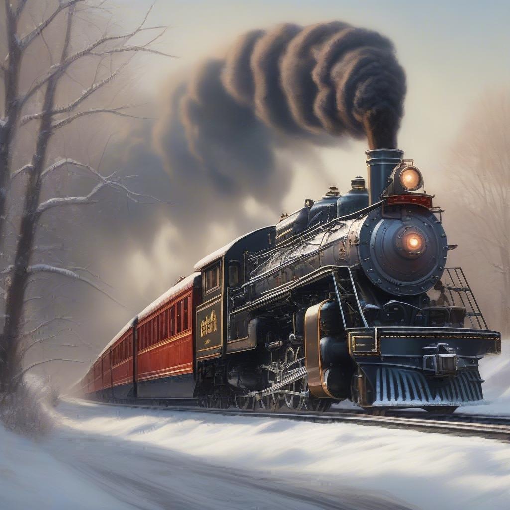 A serene Christmas scene with a train chugging along a snowy track, surrounded by festive lights and decorations.