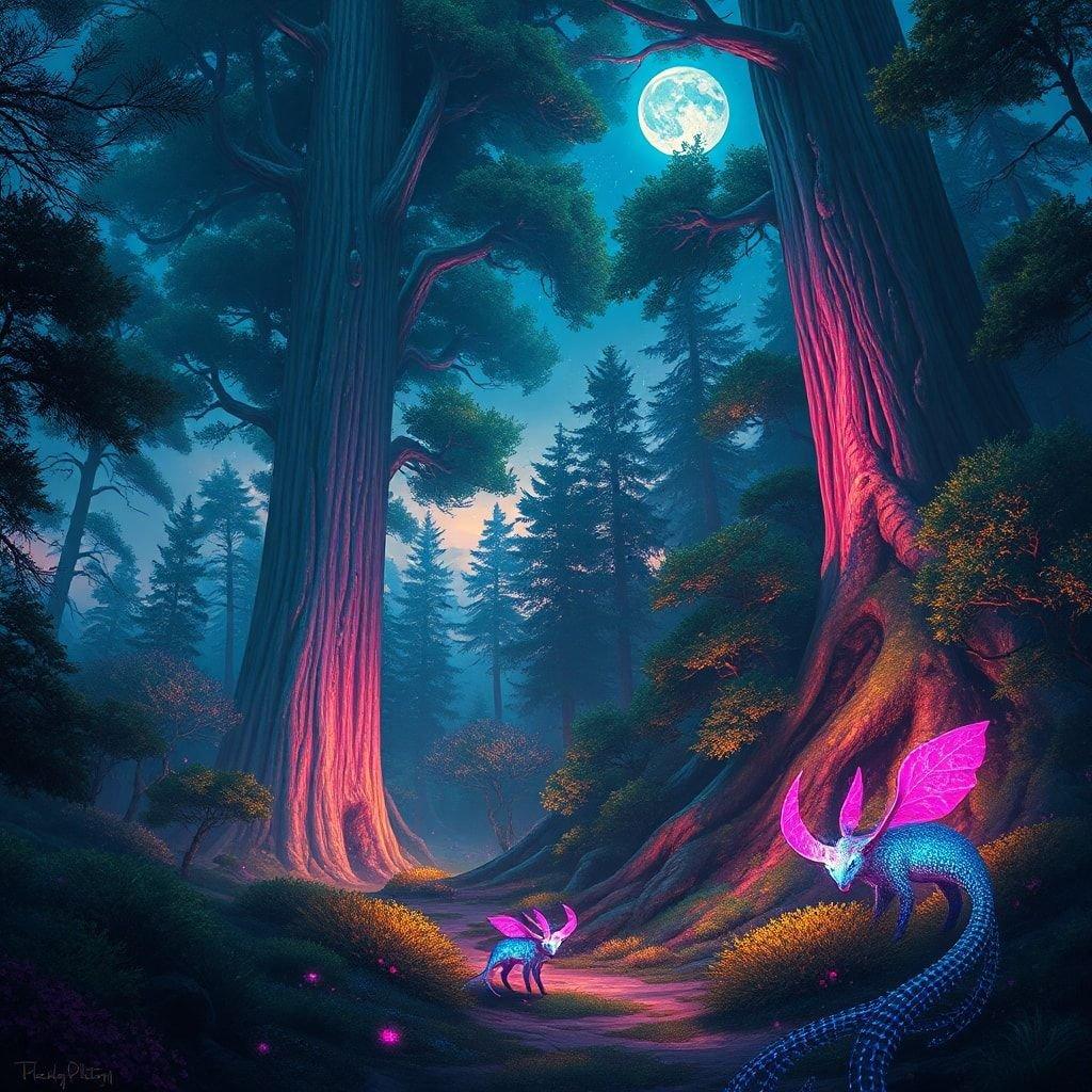 A serene night scene in an enchanted forest where creatures roam. A dragonfly soars near a deer, both seeming at home in this mystical setting under the glow of a full moon.