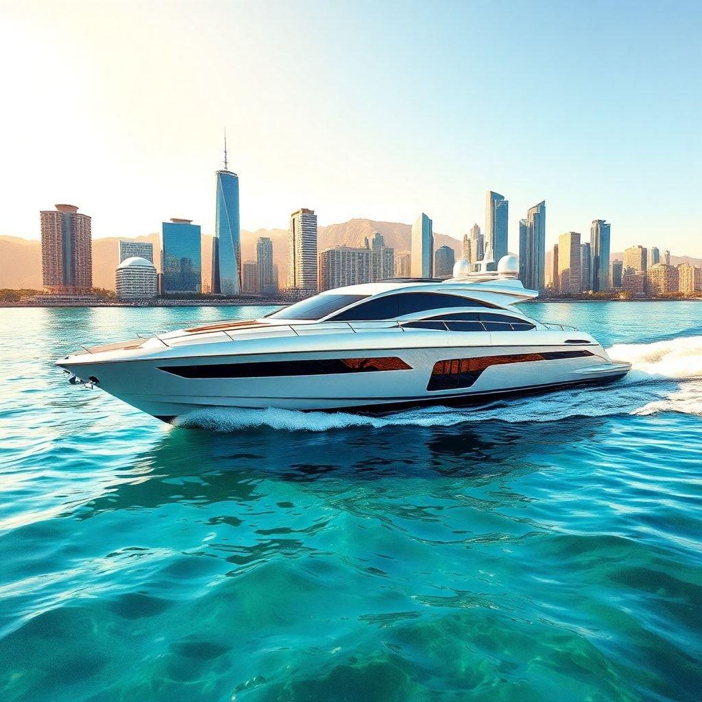 Set sail on a luxurious high-speed cruiser that cuts through the water like a knife. With sleek lines and a powerful engine, this vessel is both stylish and fast.