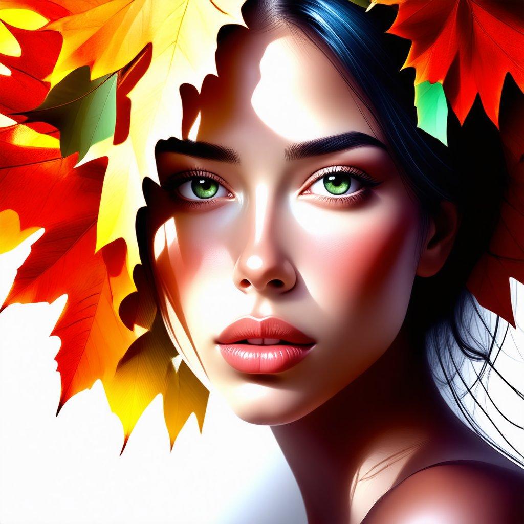 A woman adorned with autumn leaves, evoking the essence of fall in a serene and artistic portrait.