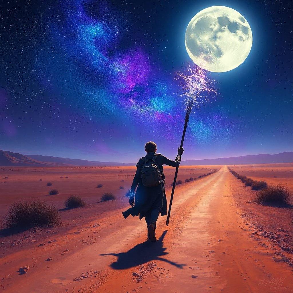 Amidst a vast desert under a full moon, a traveler embarks on a solitary journey. The magical staff in hand suggests a quest or an adventure waiting ahead.