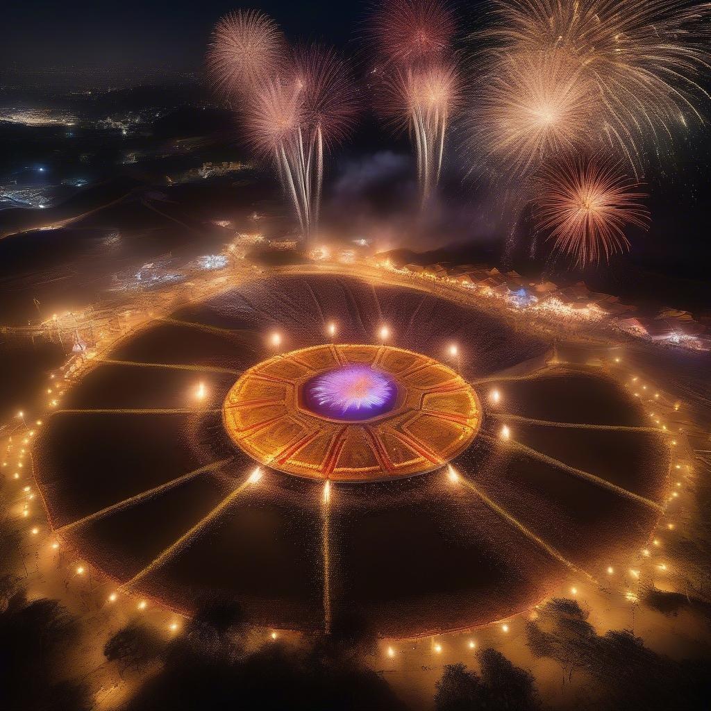 A vibrant night scene at a stadium where the iconic Indian festival, Diwali, is celebrated with fireworks and lights illuminating the venue.