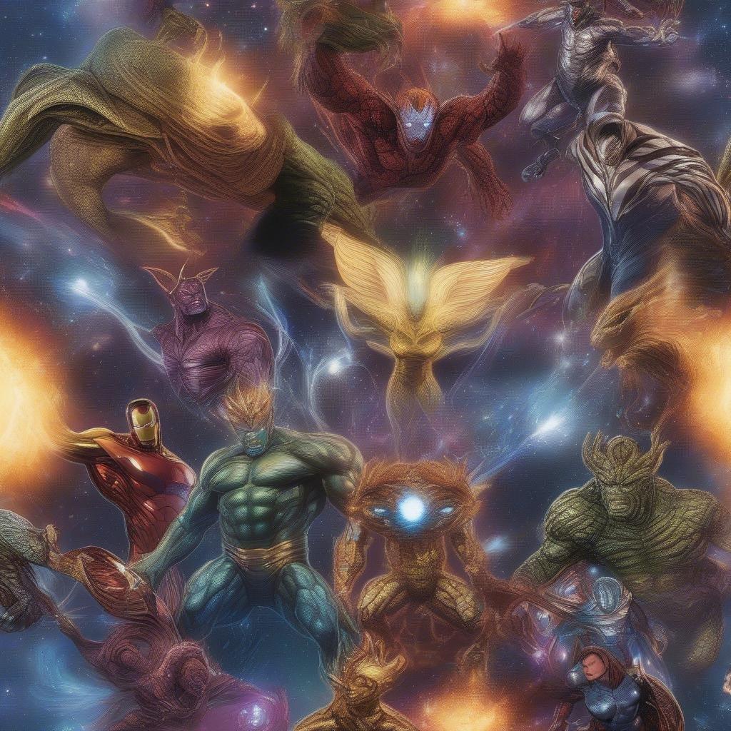 A cosmic assembly of Marvel superheroes, featuring Thor, Captain America, Iron Man, and many others in a star-studded galaxy backdrop.