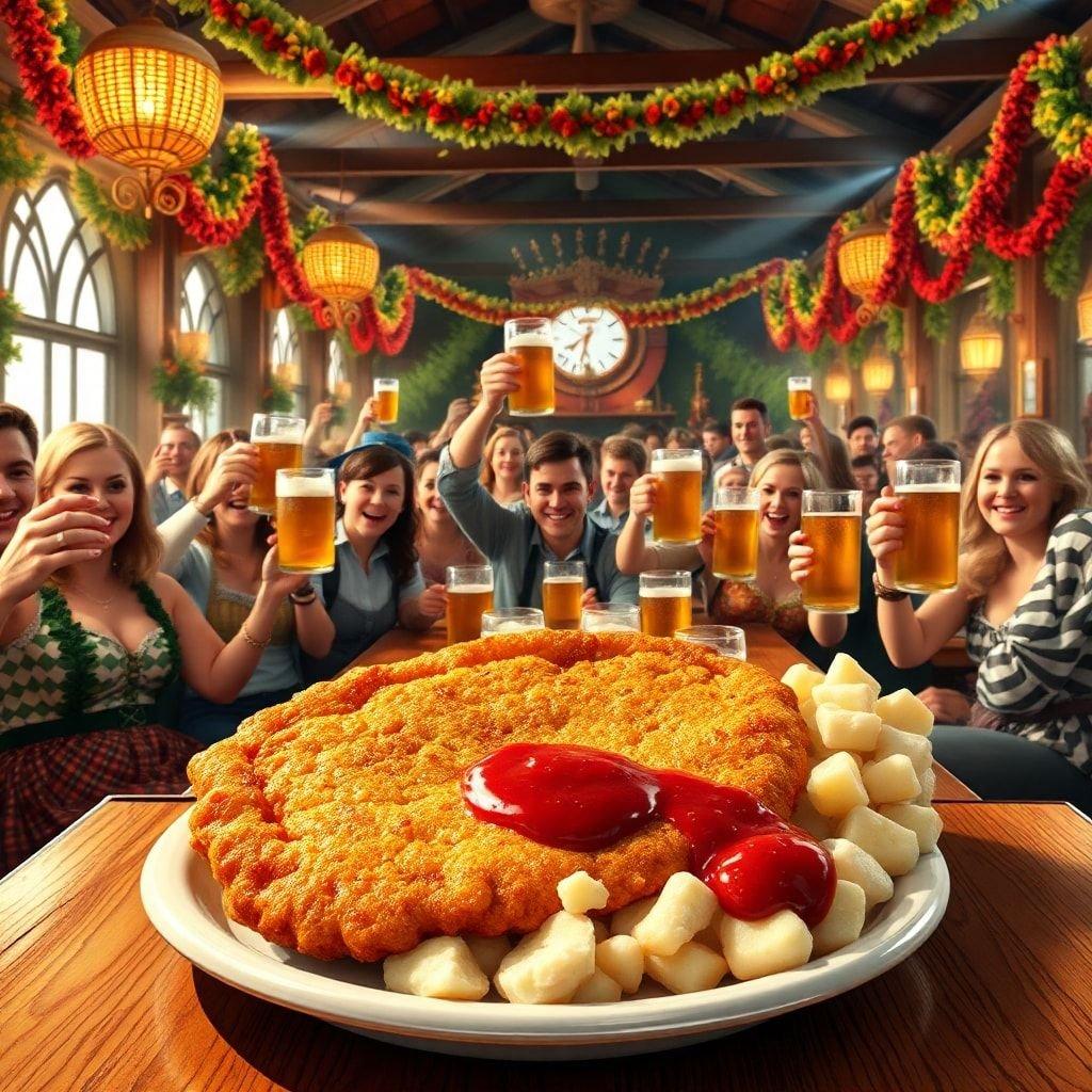 A group of people raising their glasses high in cheer, toasting to a festive evening at the Oktoberfest celebrations. The hearty meal on the table is a feast of traditional German delicacies, including a golden-brown Schweinshaxe (roasted pork knuckle) and crispy Kartoffelpüree (mashed potatoes), all under the warm glow of lights and decorations. A joyful scene capturing the essence of camaraderie and enjoyment at one of Germany's most famous festivals.