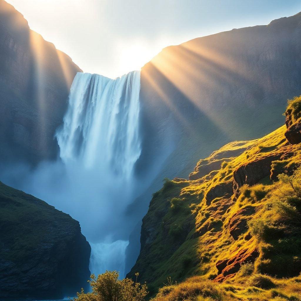 This image captures the breathtaking beauty of a waterfall nestled in the heart of a mountain range. The waterfall cascades down a rocky cliff, creating a misty veil that rises into the air. The surrounding mountains are covered in lush greenery, with trees and bushes thriving in the misty atmosphere. The sun shines brightly overhead, casting a warm glow over the entire scene. The image exudes a sense of serenity and tranquility, inviting the viewer to step into its peaceful world.