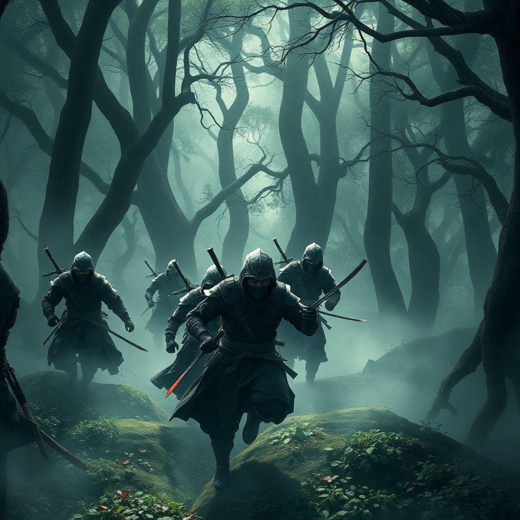 This anime-style wallpaper features a ninja in a forest setting, perfect for fans of stealthy warriors and nature.