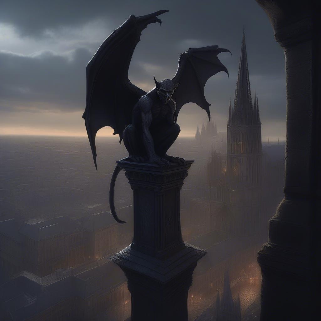 Dark, mysterious guardian overlooking the city at twilight.