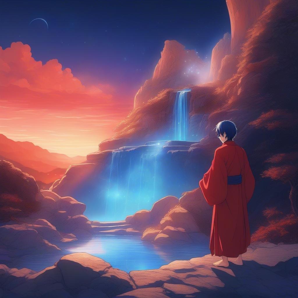 A mystical hot spring in an otherworldly setting. A figure in a red robe stands at the edge, looking up at the glowing sky, surrounded by the warm ambiance.