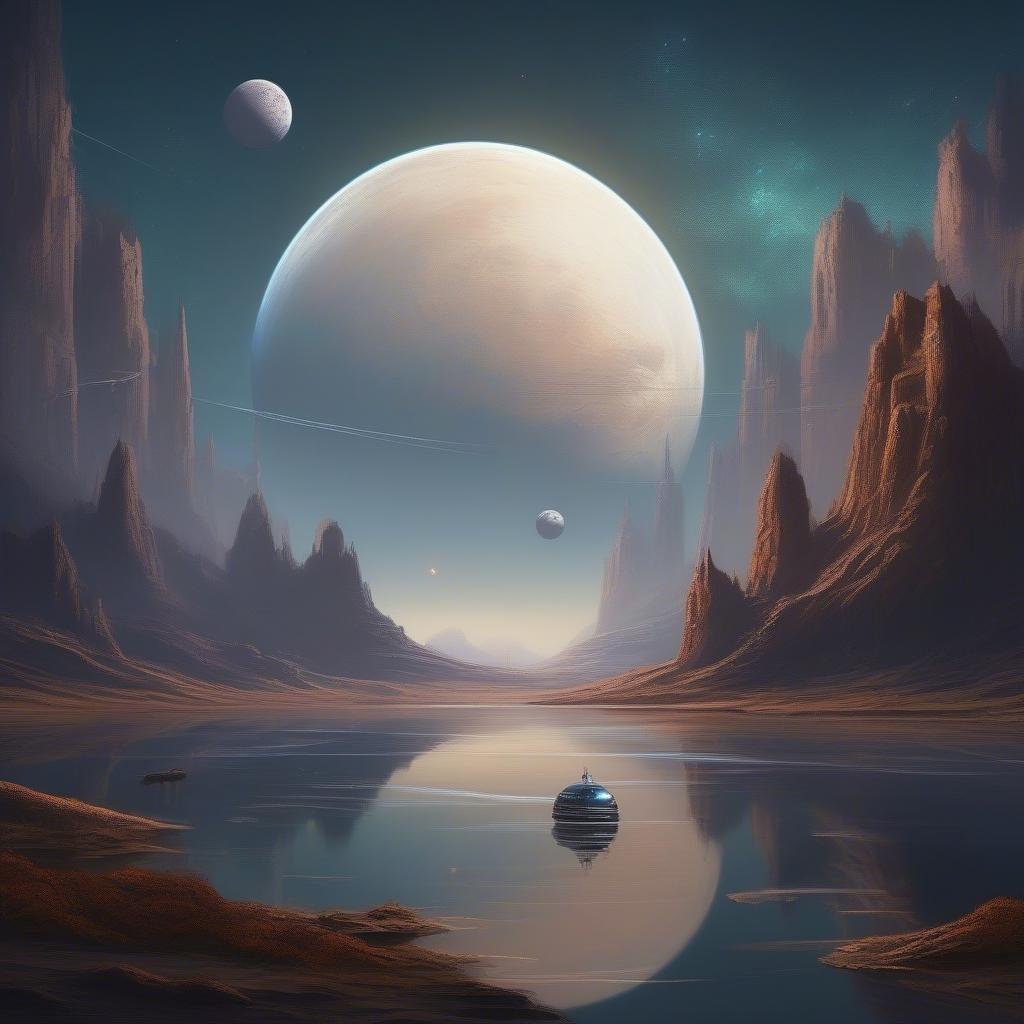 Immerse yourself in the tranquility of a Martian landscape, where science fiction meets natural beauty. A serene evening on the red planet, with planets and stars scattered across the sky, evoking a sense of wonder and exploration.