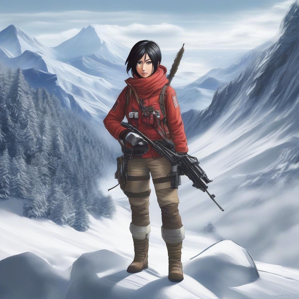 A female anime character ready to take on the cold mountain wilderness.