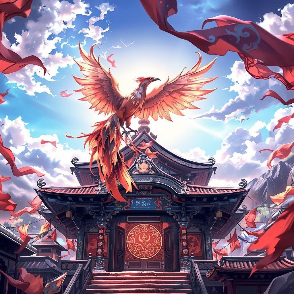 Immerse yourself in the vibrant world of anime with this captivating image of a phoenix perched atop an ancient structure, surrounded by fluttering prayer flags.