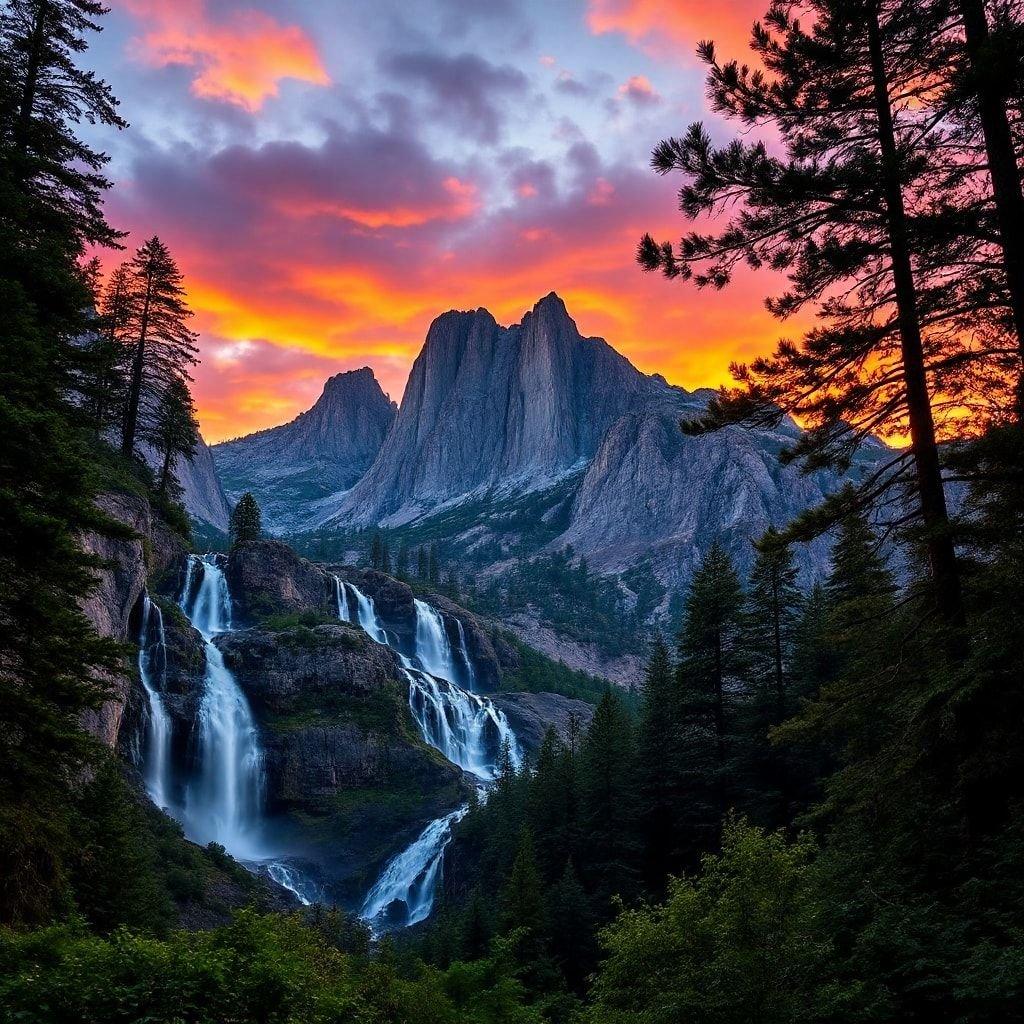 A captivating landscape featuring a serene mountain range during a vibrant sunset. The image evokes a sense of tranquility and the beauty of nature.