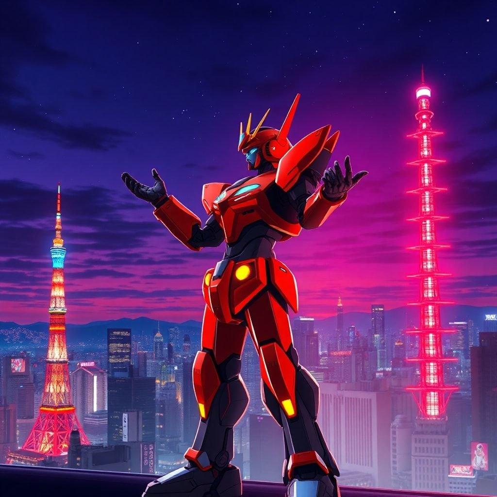 Ce fond d'écran de style anime présente un robot debout devant une skyline de Tokyo au crépuscule, avec un corps rouge et noir et une tête rouge et jaune. Les bras du robot sont levés et pliés, et il y a des lumières néon bleues et rouges de chaque côté.