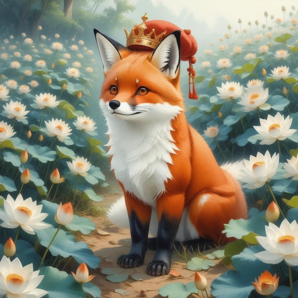 Dette tapet har en detaljeret digital illustration af en ræv ånd, der står i et felt af lyse lotusblomster, med en gylden krone og en rød hat, hvilket skaber et anime-lignende billede.