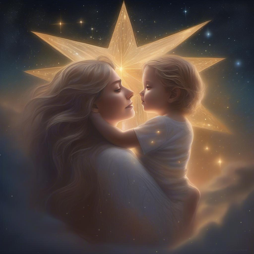 A tender moment between a mother and her child set against the backdrop of a starry night sky, celebrating the love and care that mothers provide every day.