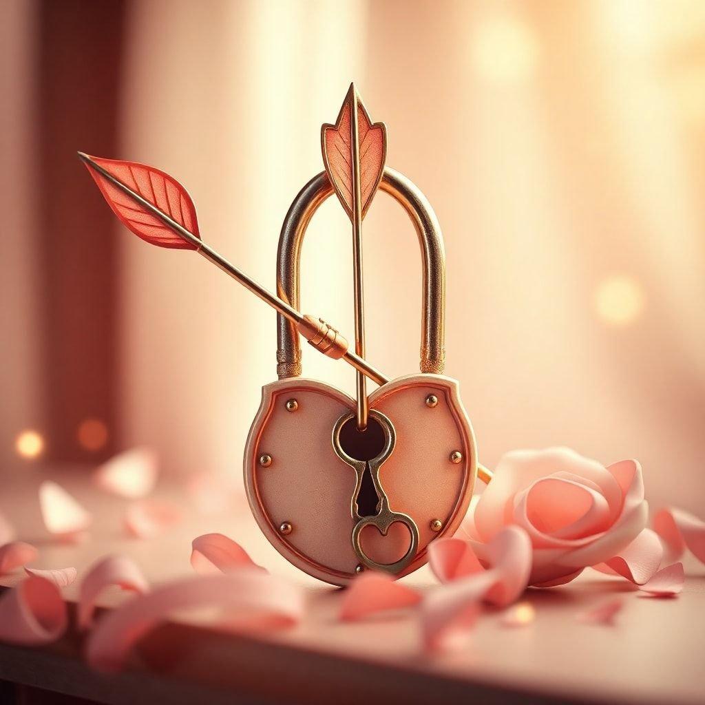 A charming Valentine's Day wallpaper featuring a chic keyhole design, with a delicate pink rose and Cupid's arrow piercing the lock. Perfect for desktop and mobile screens.