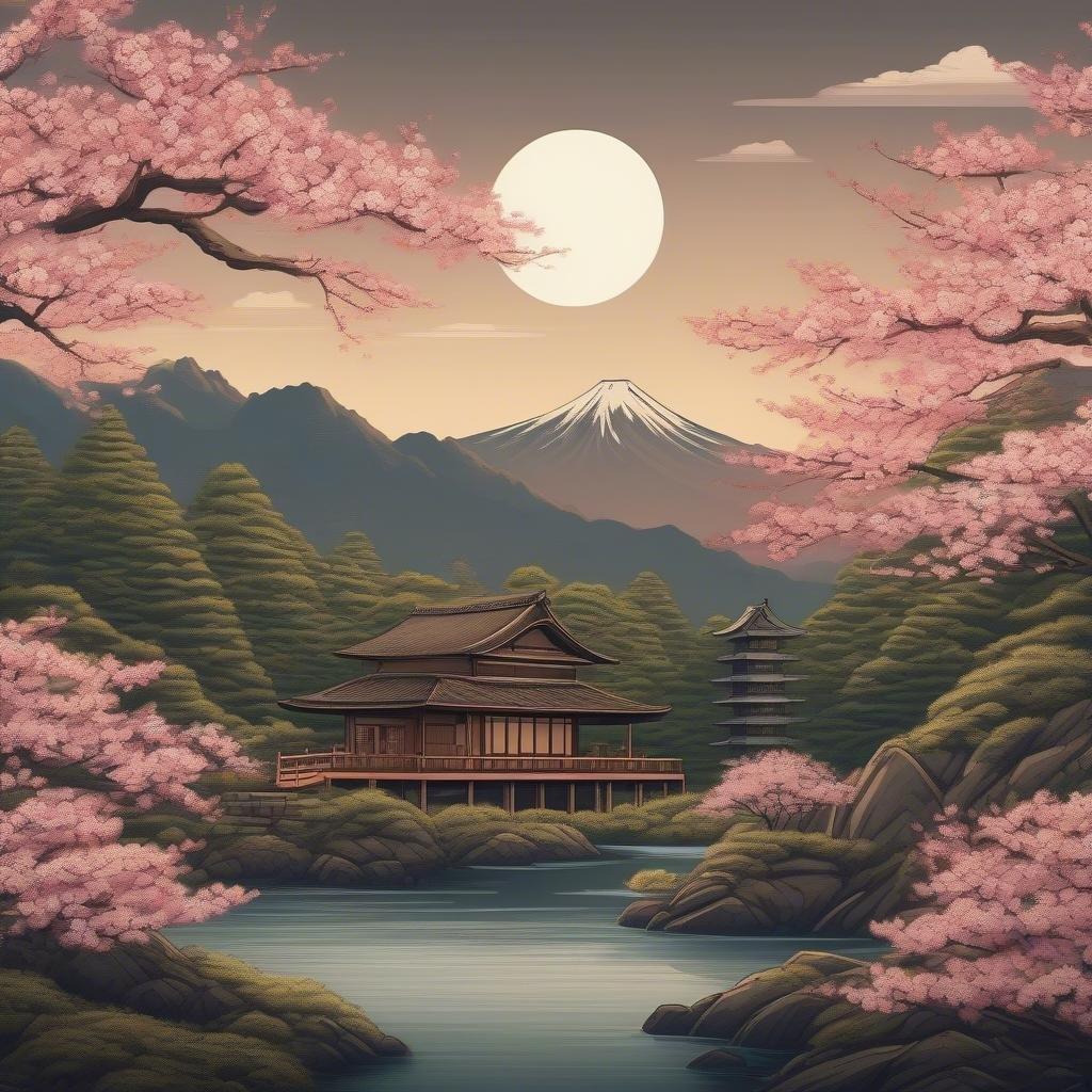 Discover the serene beauty of a traditional Japanese village nestled in nature, with cherry blossoms blooming along the river banks and majestic Mount Fuji standing tall in the background.