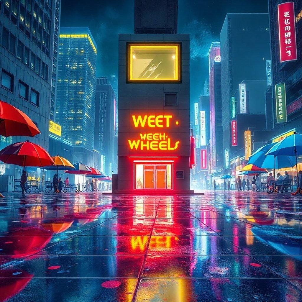 A vibrant nighttime cityscape, where animated reflections dance on wet pavement under a canopy of rainbow-lit buildings. An anime city awakens with the glow of neon lights and the rhythm of urban life.