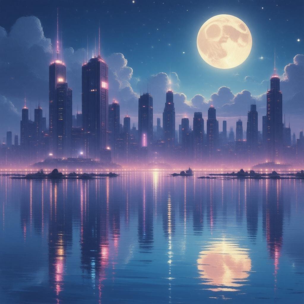 Immerse yourself in the vibrant world of anime with this stunning cityscape wallpaper. The futuristic metropolis comes alive at dusk, with neon lights reflecting off the water's surface and a distant skyline adding depth. The ethereal atmosphere, complete with a large moon and stars, transports you to a world of wonder and magic.