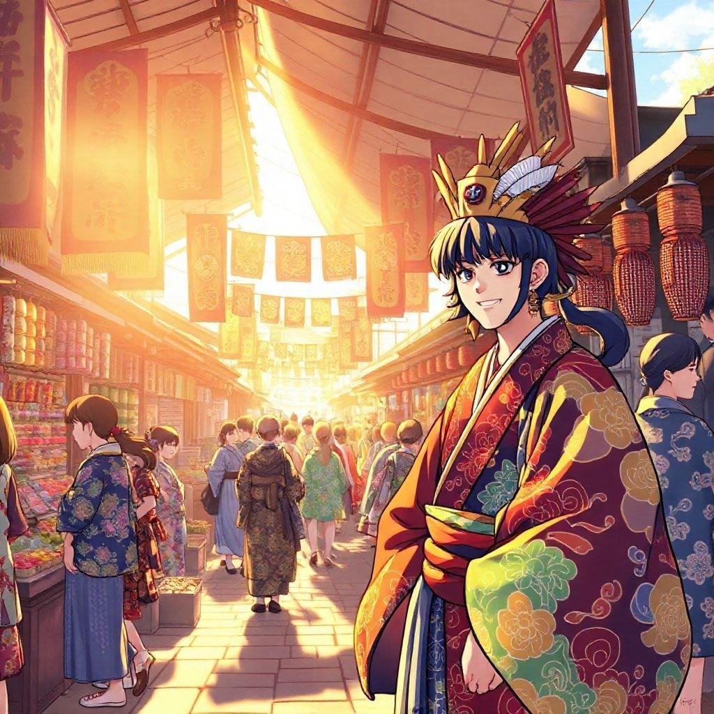 Immerse yourself in the vibrant world of feudal Japan with this captivating anime illustration of a bustling marketplace.