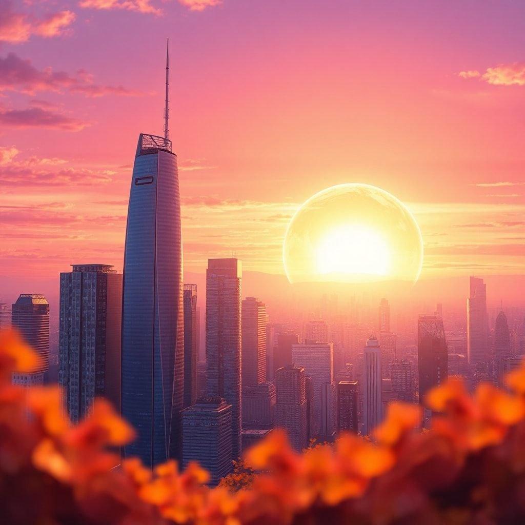 A stunning 3D render of a city skyline at sunset, reminiscent of an anime style. The vibrant skyscrapers are silhouetted against the backdrop of a warm orange and yellow sky, with a glowing sun setting behind them, casting long shadows across the cityscape.