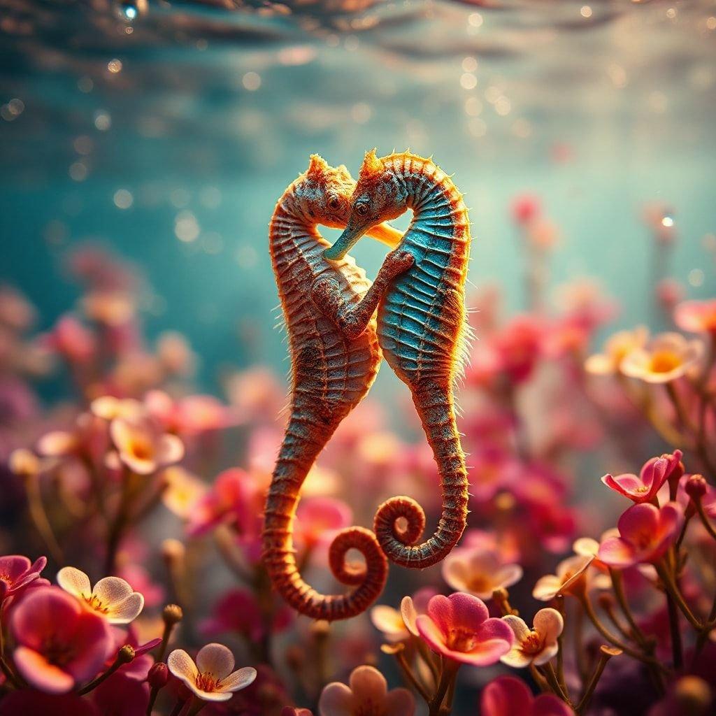 This captivating wallpaper showcases a heartwarming moment between two seahorses, surrounded by a vibrant array of flowers. The image is a beautiful representation of the underwater world, with the seahorses' gentle embrace and the colorful flowers creating a sense of serenity and wonder.