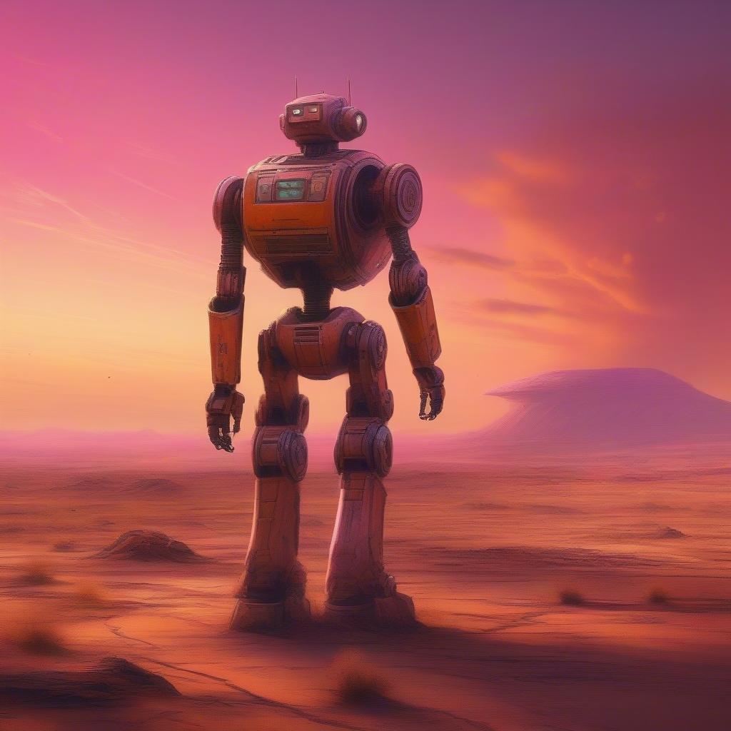 This image features a robot standing in the desert, with a sunset in the background. The robot is a robot & AI character, and the image is perfect for desktop and mobile use.