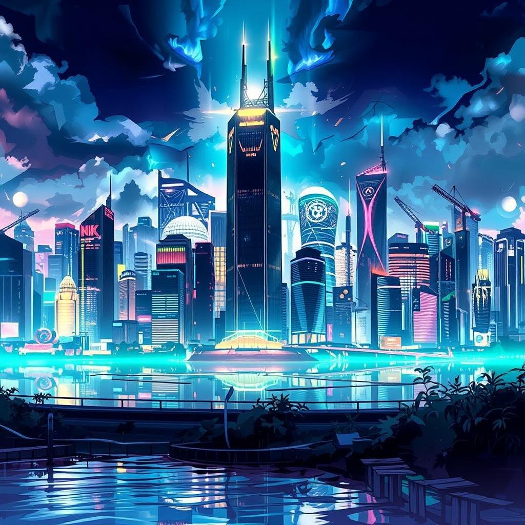 Dyk ned i den futuristiske verden af anime med dette fængslende bylandskab baggrundsbillede. De tårnhøje skyskrabere og neonlys skaber en livlig atmosfære, mens den rolige sø i forgrunden tilføjer et strejf af ro.