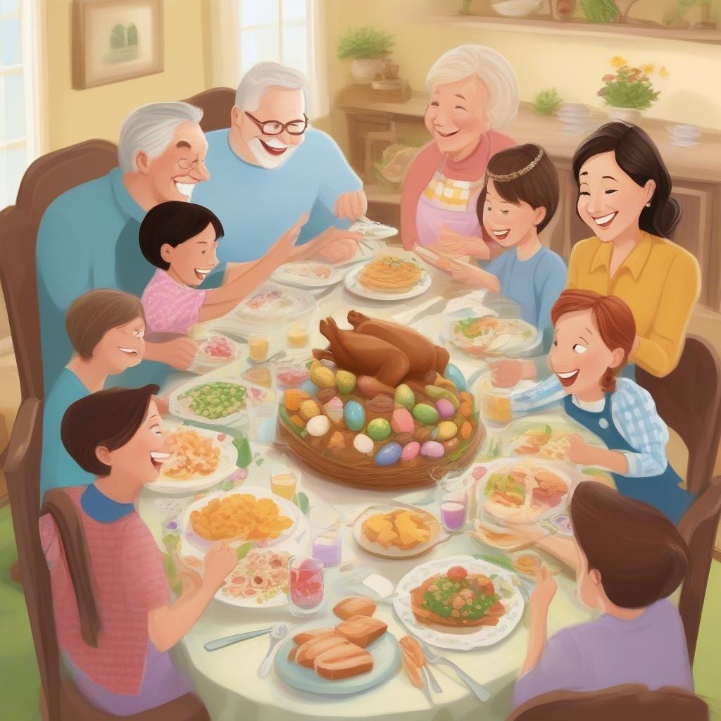 A heartwarming scene of a family coming together to celebrate Easter with a delicious meal.