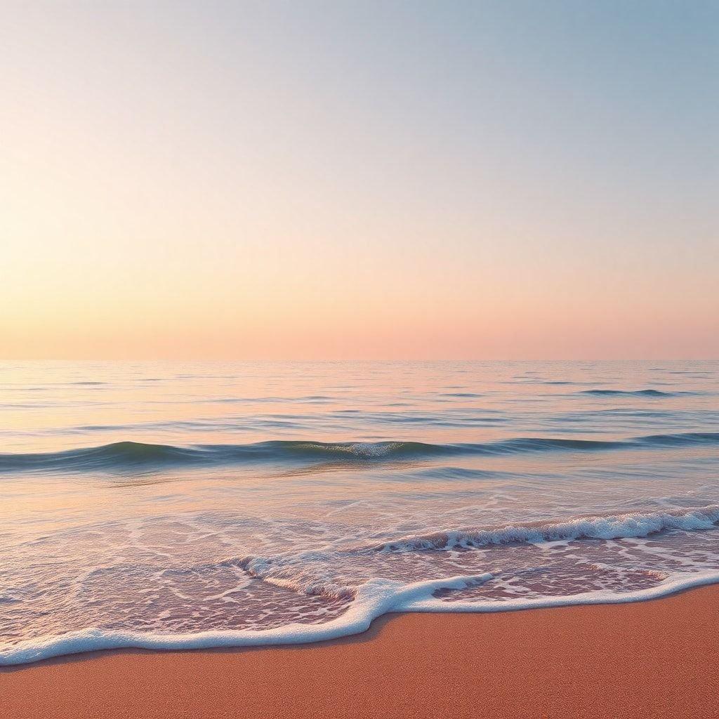 A breathtaking sunset over the ocean, with the sky transitioning from a soft yellow to a gentle blue, and the waves gently lapping at the shore.