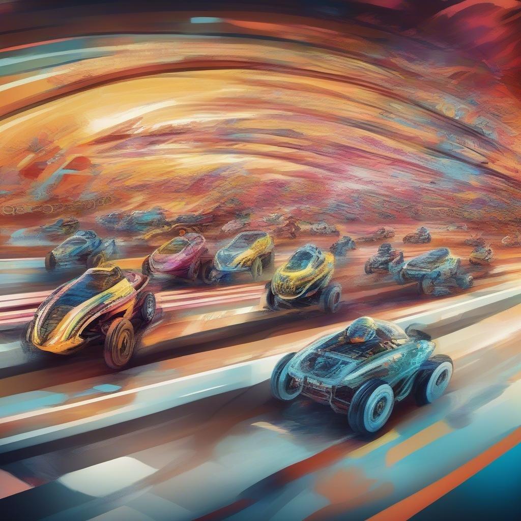 A high-speed chase through an abstract tunnel, where robots compete in a thrilling race. Fast-paced action on a colorful track that blurs with motion.