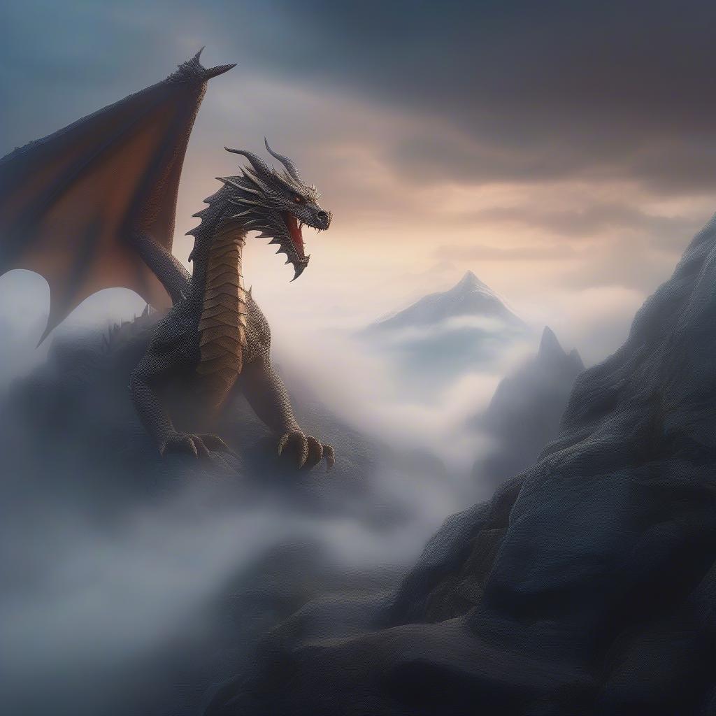 Embark on a journey through a mystical realm, where fantasy meets reality. A majestic dragon perches atop an ancient rock, overlooking a foggy landscape under a dramatic sky.