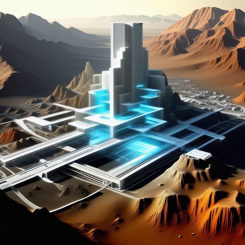 This futuristic cityscape showcases a blend of advanced architecture and technology, set in a desert environment. The buildings rise high into the sky, with intricate designs that suggest a utopian future where urban design merges seamlessly with nature.