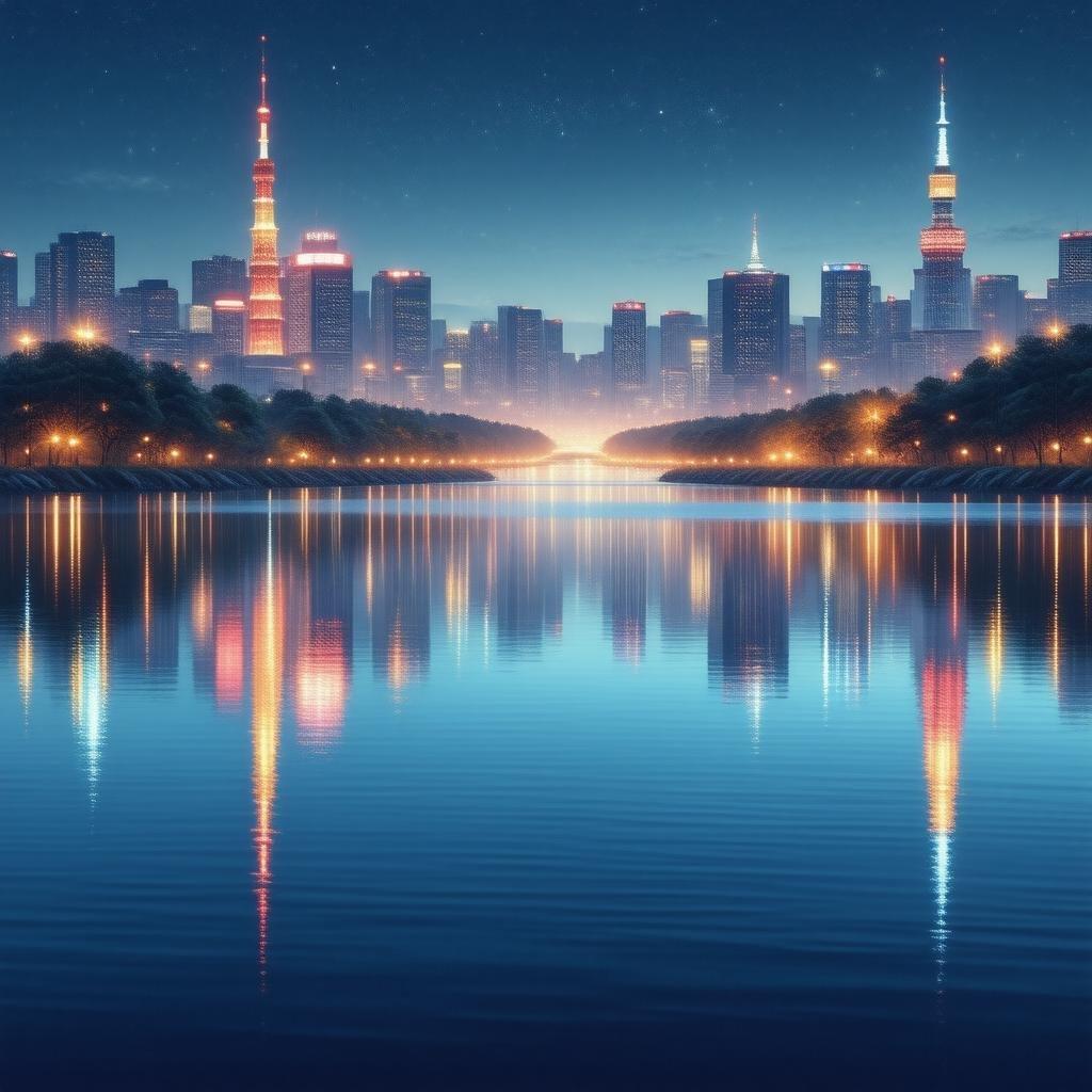 A tranquil evening in a futuristic Tokyo, where neon city lights reflect off the calm lake waters. The city's modern skyscrapers tower over the peaceful lakeside, creating a beautiful contrast between urban life and natural beauty.