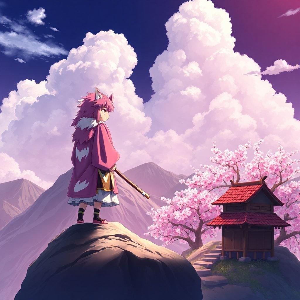 Denna anime-bakgrund visar en ung samuraj som står på ett berg, omgiven av en lugn och drömlik atmosfär. Den livfulla rosa och vita pälsen hos samurajen står ut mot den mörka bakgrunden, medan den lilla trähyddan till höger ger en känsla av värme och mysighet. Skogen av körsbärsträd som omger hyddan skapar en vacker och fredlig scen, perfekt för användning på skrivbord och mobila enheter.