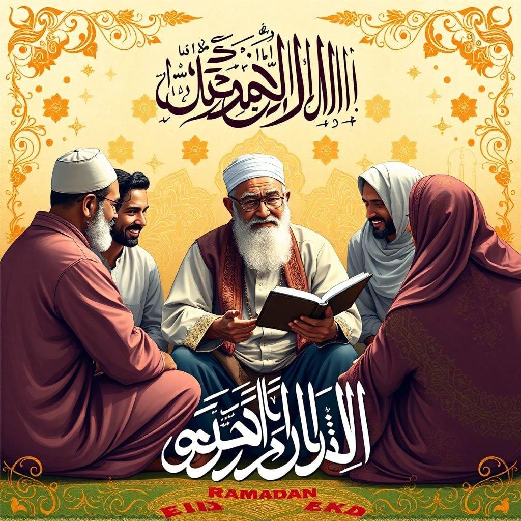 Five friends gather during Ramadan to celebrate Eid. They are sharing a moment of joy and togetherness, with the elder reading from the Quran.