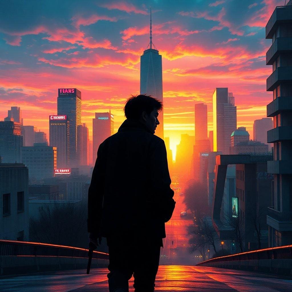 Un hombre se encuentra frente a un horizonte urbano durante un atardecer impresionante, capturando la esencia de la vida urbana y la belleza natural.