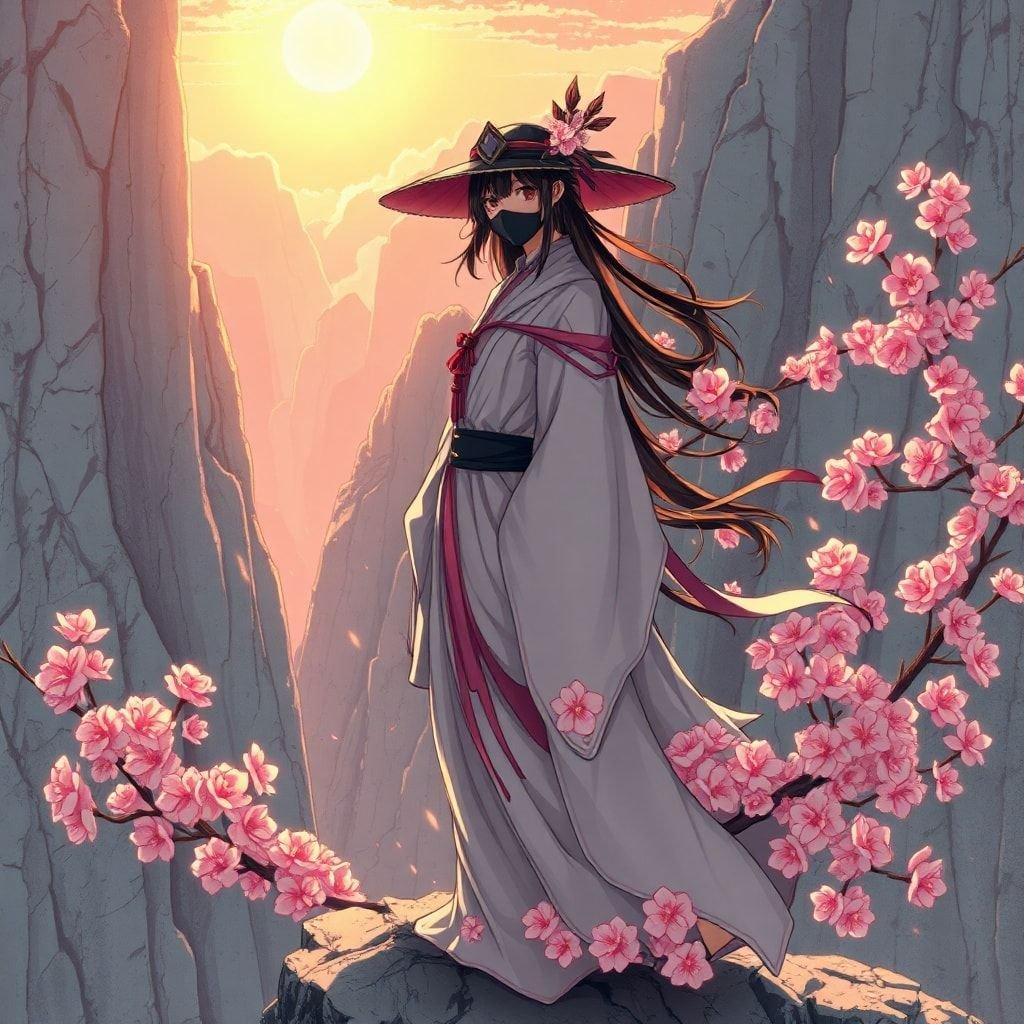 Ce fond d'écran anime présente une kunoichi mystérieuse debout au bord d'une falaise, entourée de fleurs de cerisier roses. Le masque et le chapeau du ninja ajoutent à sa présence énigmatique, créant une scène captivante qui mélange réalisme et fantaisie.