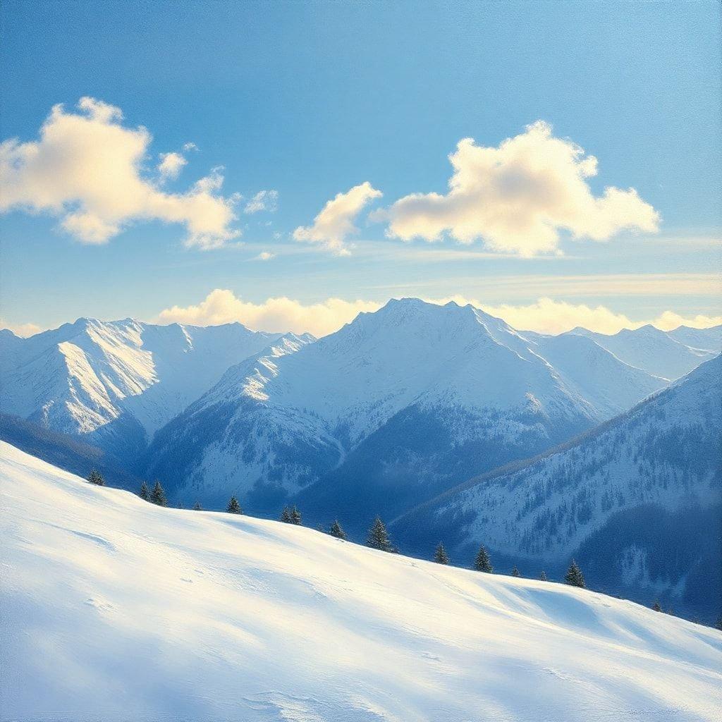 A picturesque ski resort atop a snowy mountain during the festive winter season, with clear blue skies and bright sunlight casting long shadows over the white-covered slopes. The view overlooks an expansive landscape of majestic peaks under a beautiful, partly cloudy sky.