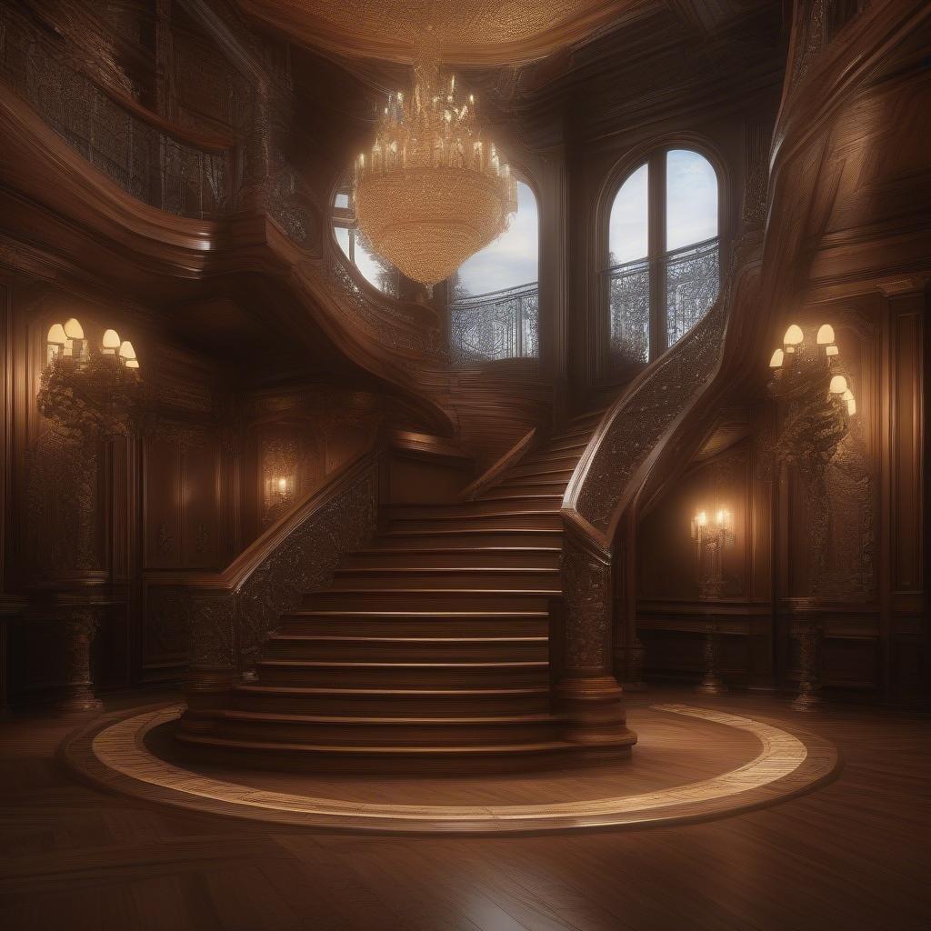 A grand staircase in an opulent interior, featuring ornate woodwork, chandeliers, and a curved handrail.