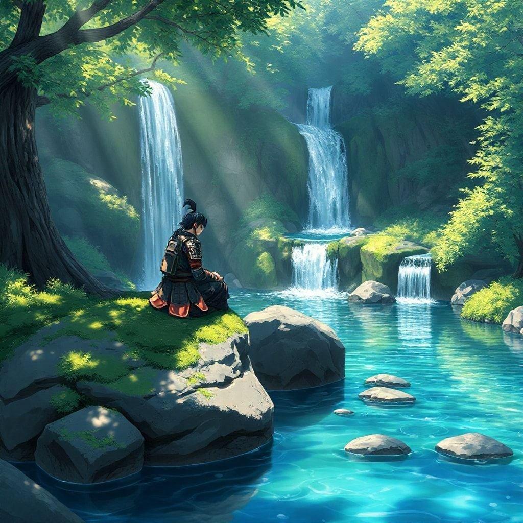 Immerse yourself in the serene beauty of this anime illustration, where a samurai sits in contemplation by a waterfall, surrounded by the soothing sounds of nature.