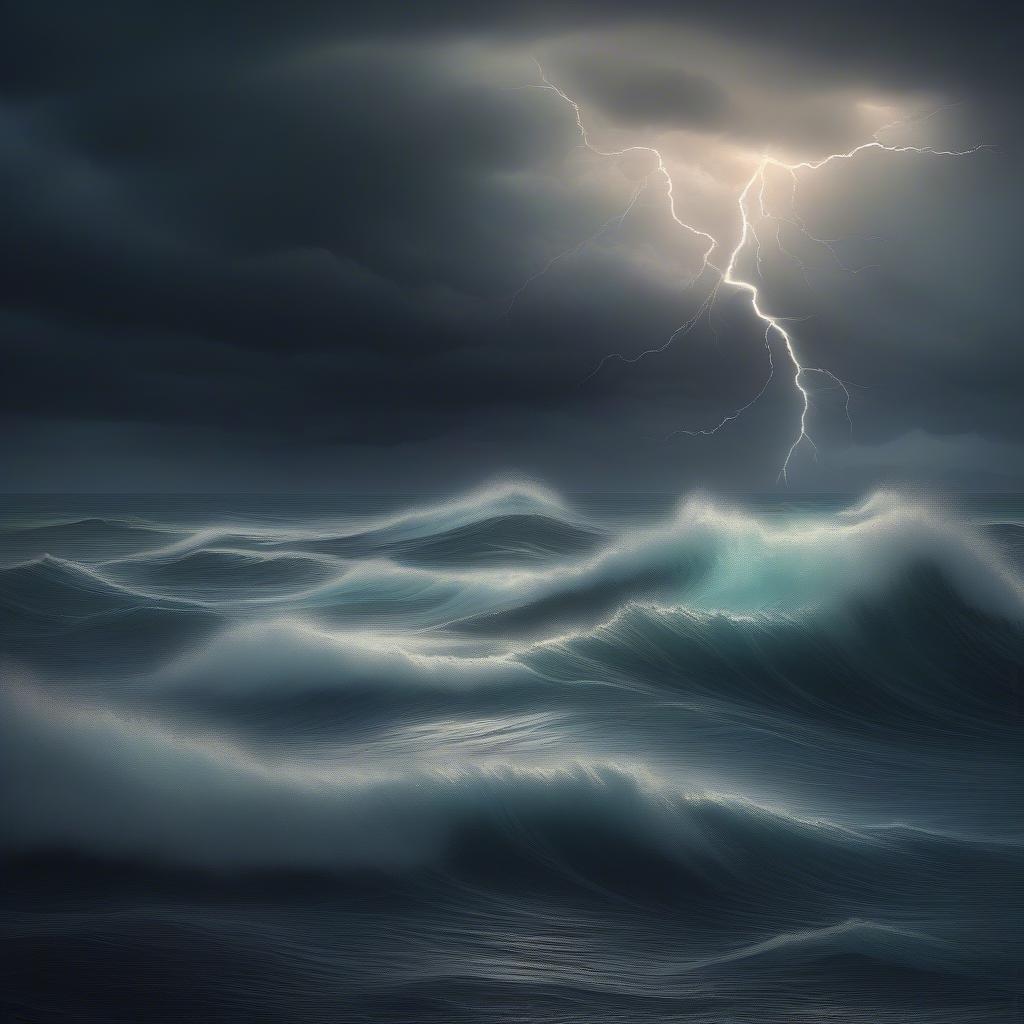 An atmospheric view of the ocean under a stormy sky, with waves crashing against the shore.