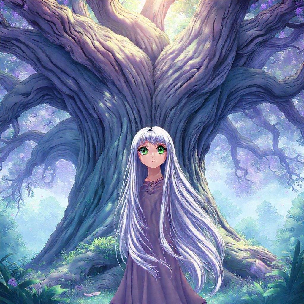 Ce fond d'écran anime présente une jeune fille aux longs cheveux argentés et aux yeux verts se tenant devant un arbre géant avec un tronc ancien et tordu. La scène se déroule dans une forêt mystique avec un couvert de branches au-dessus, créant un sentiment d'émerveillement et d'enchantement.