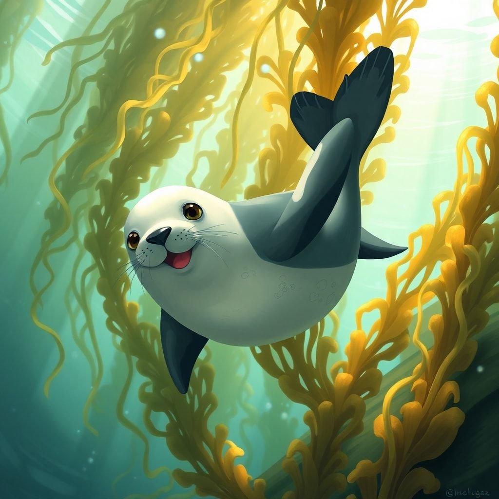 This enchanting digital illustration features a curious seal peering through the depths of an underwater world. The whimsical blue hues evoke a sense of wonder and curiosity, with the seal's friendly face inviting us to join its journey. This wallpaper is perfect for any tech device looking for a touch of sea-inspired magic!