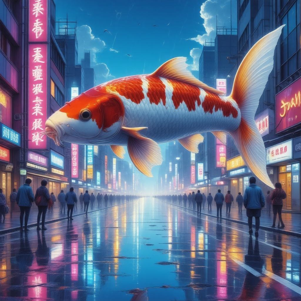 Tauchen Sie ein in die lebendige Welt des Anime mit diesem atemberaubenden Stadtlandschaft-Hintergrundbild, das einen majestätischen riesigen Koi-Fisch zeigt, der über eine futuristische Stadt bei Dämmerung schwimmt.