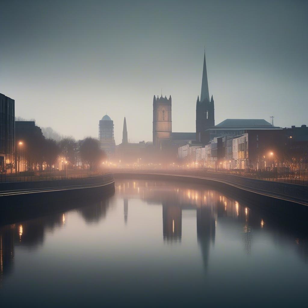 A serene and vibrant St. Patrick's Day scene in Dublin, Ireland, featuring the River Liffey and the city's iconic landmarks.