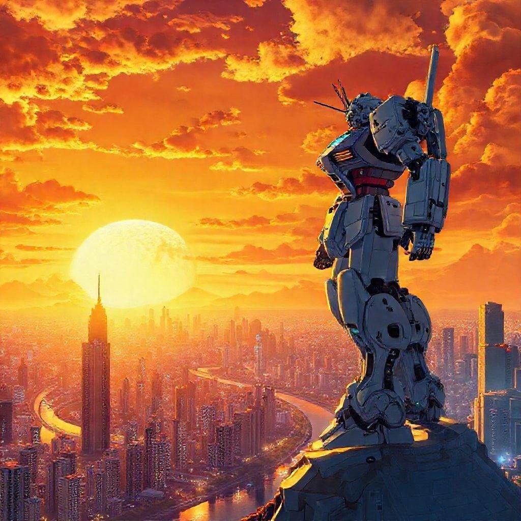 Denna anime-stil tapet föreställer en futuristisk mecha som står vakt över en vidsträckt storstad, mot en fantastisk orange och gul himmel med höga byggnader och en flod i förgrunden, och en livlig stadsbild med en stor måne och en ljus sol i bakgrunden.